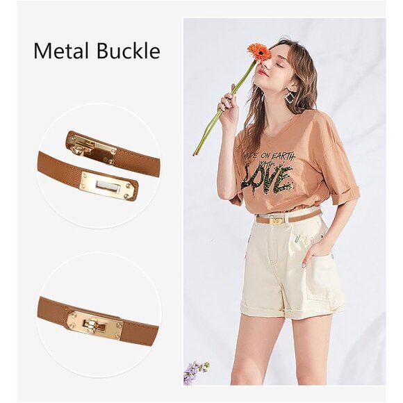 Women's Skinny Leather Belt With Adjustable Silver Turn-Lock Buckle Ideal Brown - Picture 3 of 6